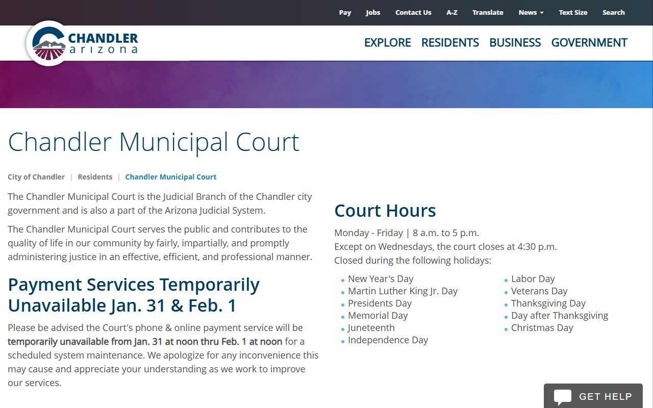 Chandler Municipal Court main page with contact information and services