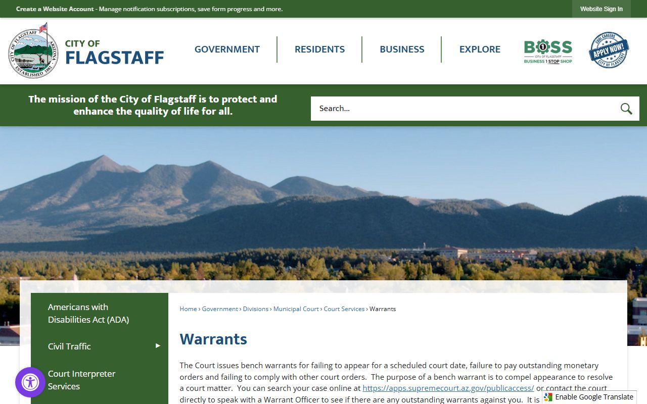 Flagstaff Municipal Court warrant information page explaining procedures and contact details