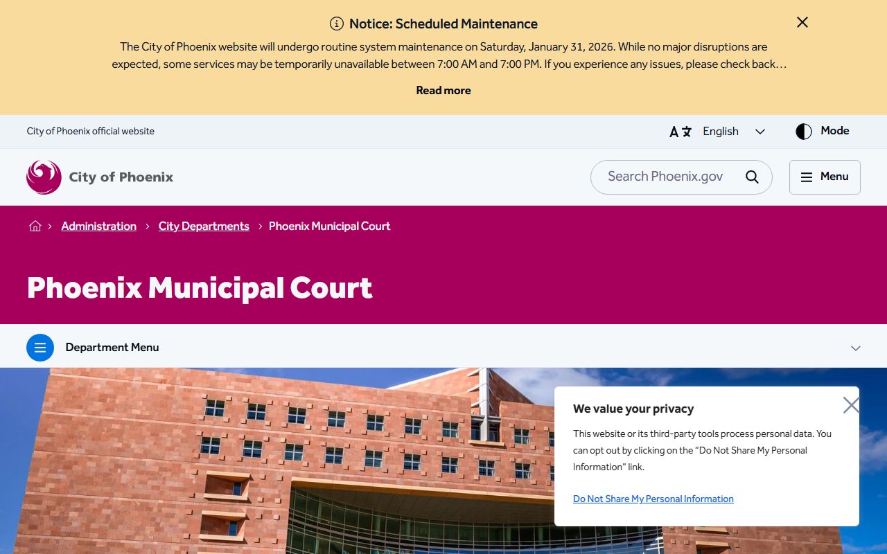 Phoenix Municipal Court main page with contact information and court services