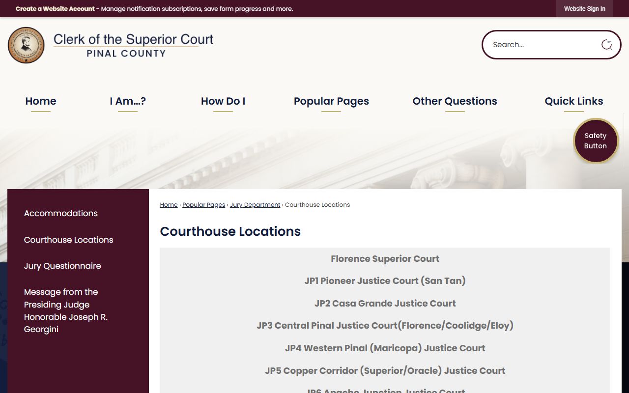 Pinal County courthouse locations page showing Pioneer Justice Court information