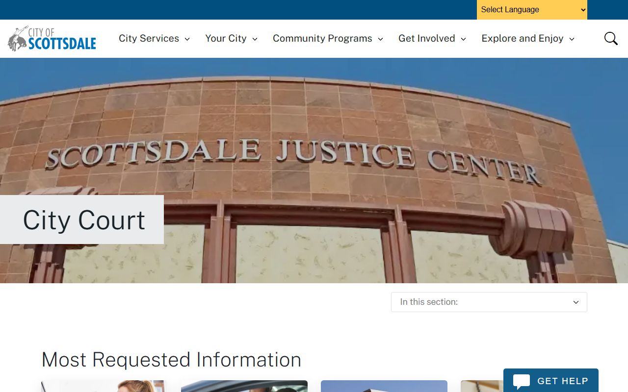 Scottsdale City Court main page with contact information and court services