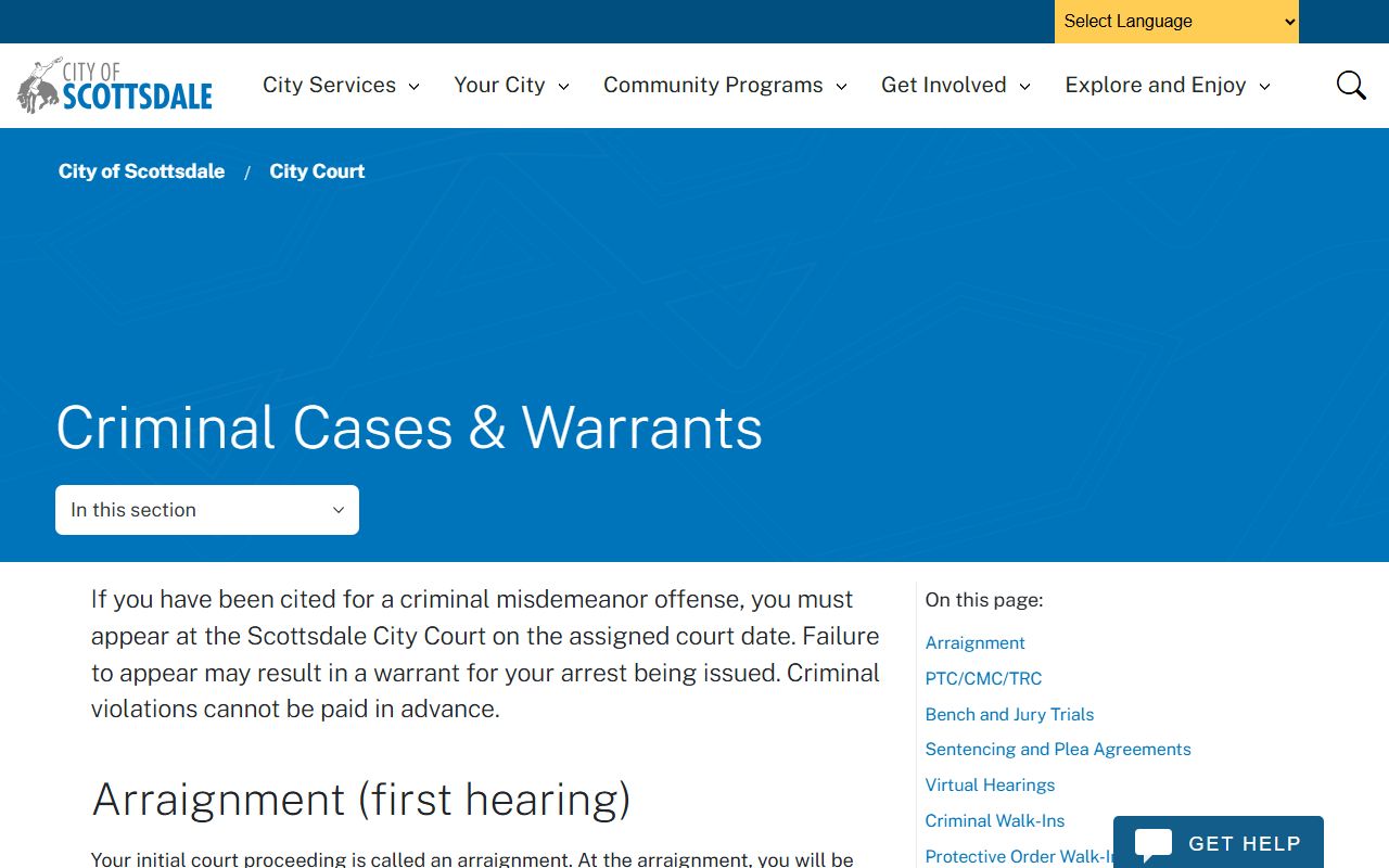 Scottsdale City Court warrant information page explaining procedures and fees