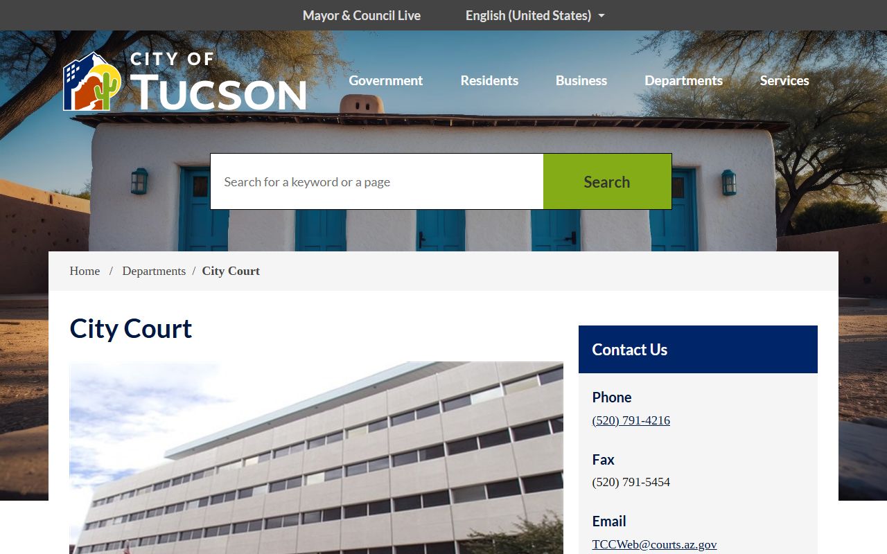 Tucson City Court main page with contact information and court services