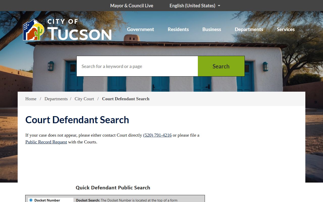 Tucson City Court defendant search system for looking up cases and warrants