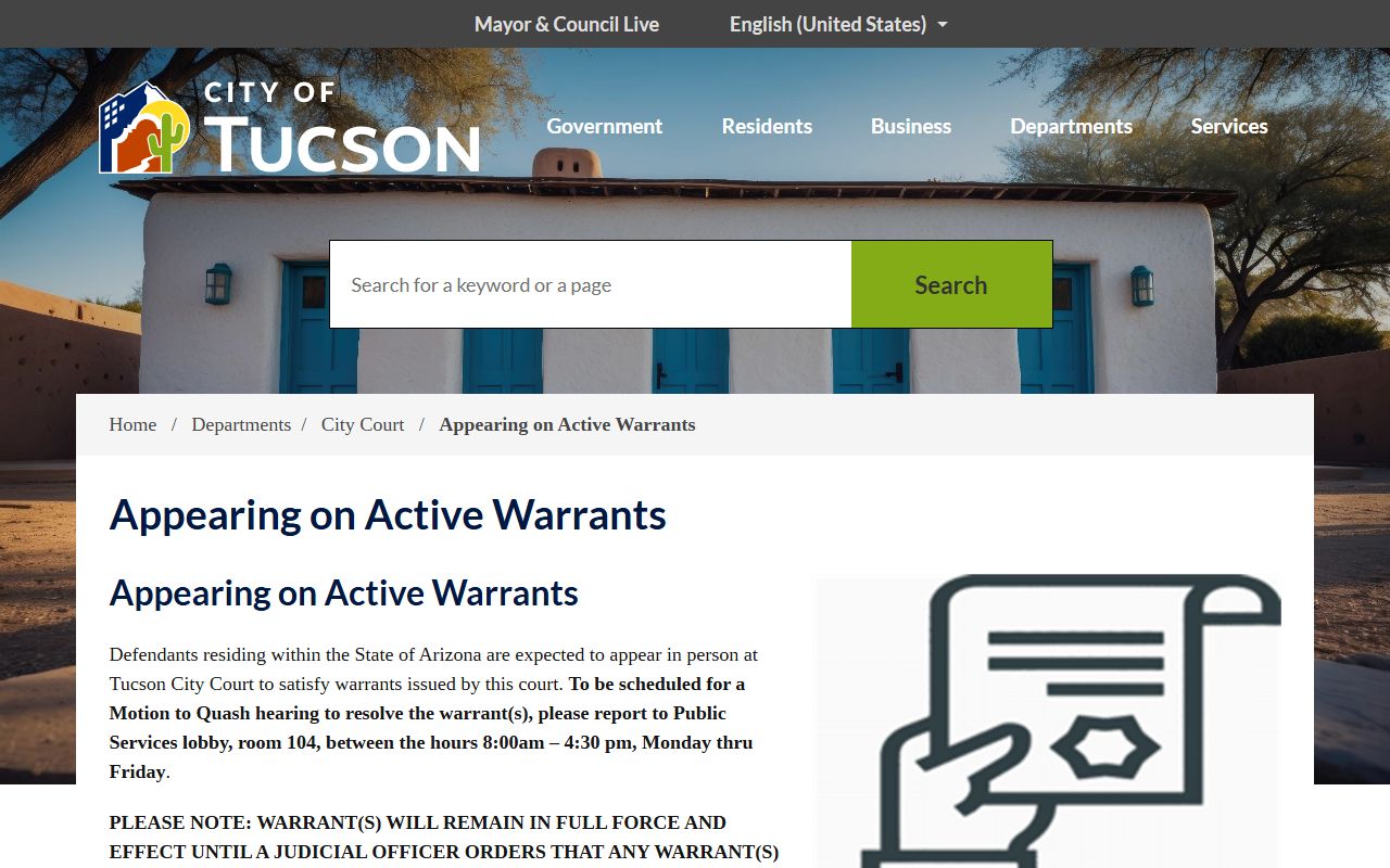 Tucson City Court warrant appearance page explaining programs and procedures