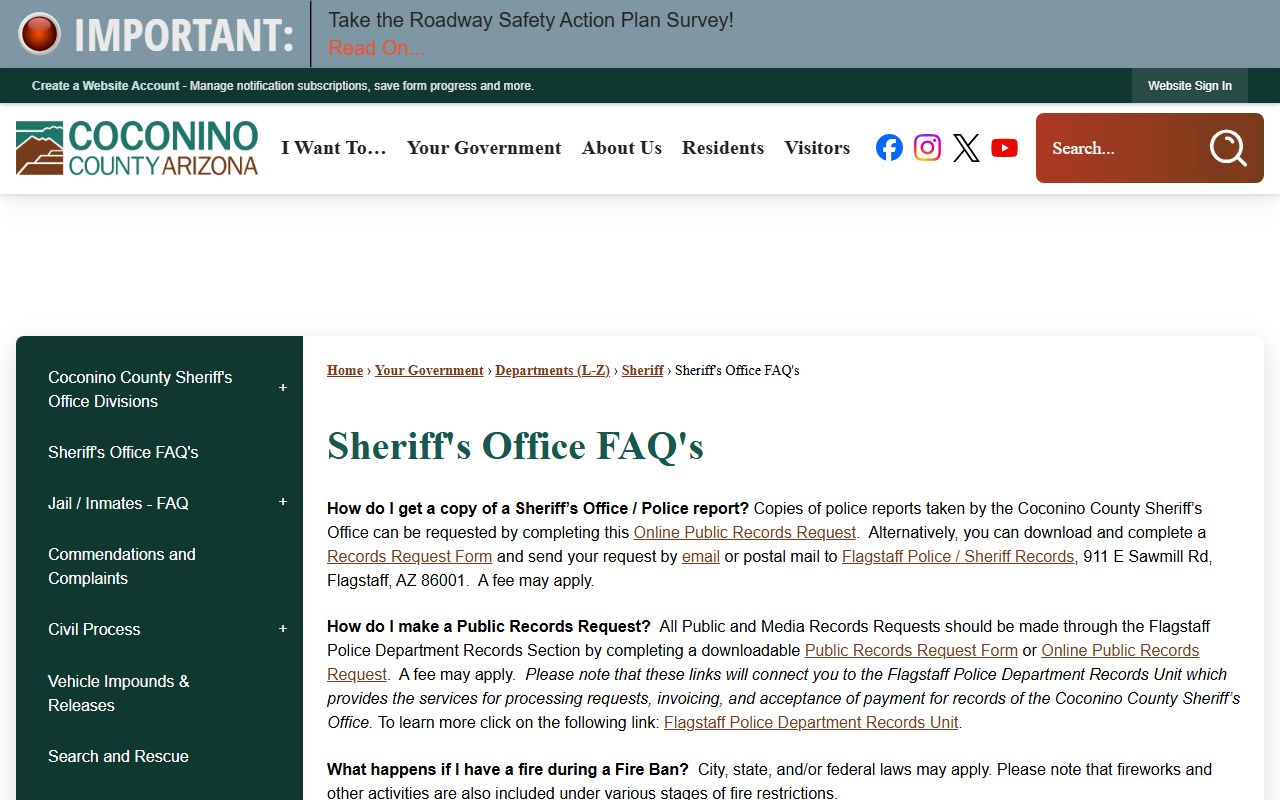 Coconino County Sheriff FAQs page with warrant information and common questions answered