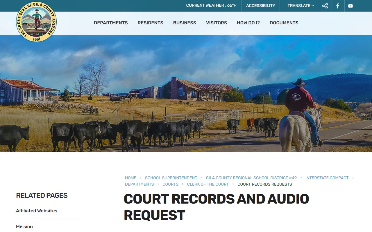 Gila County court records request page showing procedures and contact information