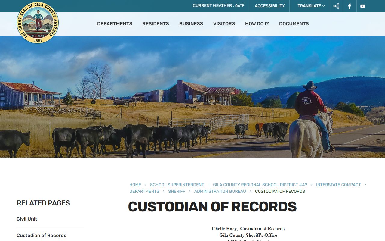 Gila County Sheriff Records Division page with contact information and request procedures