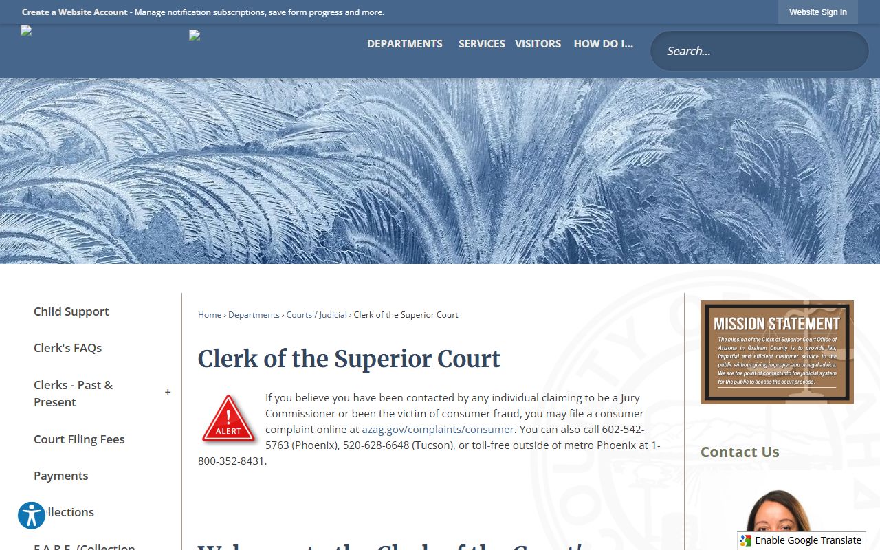 Graham County Superior Court Clerk page with office information and record request details