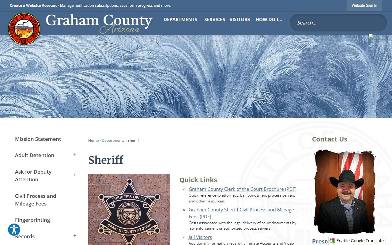 Graham County Sheriff's Office main page with contact information and services