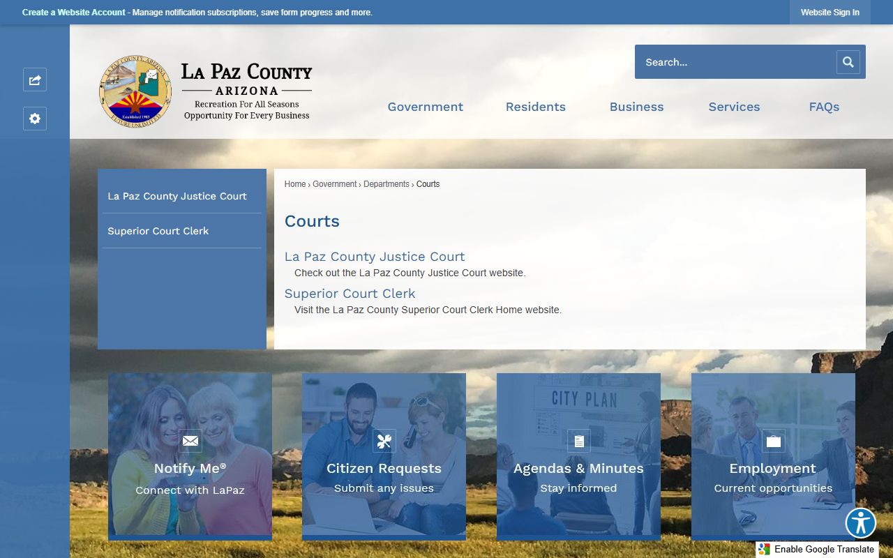 La Paz County courts overview page showing court structure and contact information