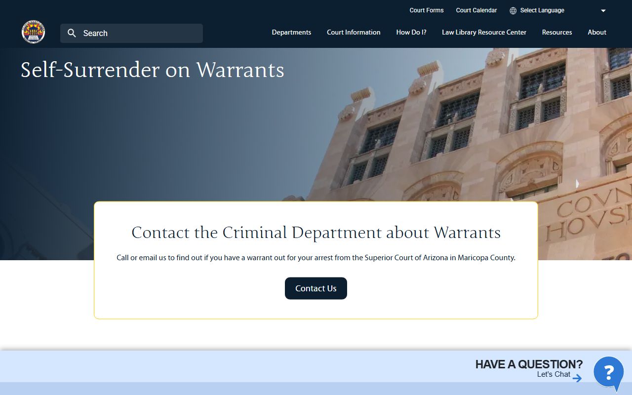Maricopa County Superior Court warrant information page with details and contact information