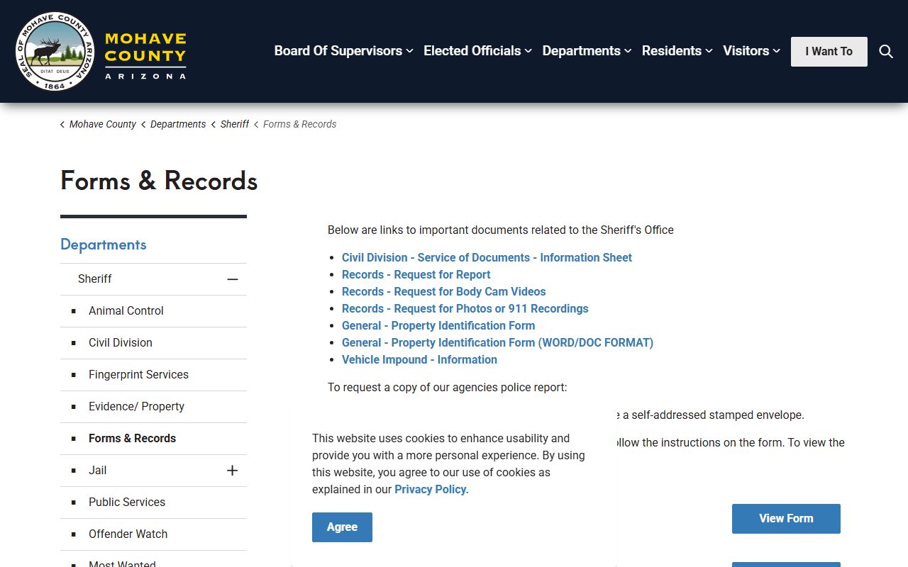 Mohave County Sheriff forms and records page showing request procedures