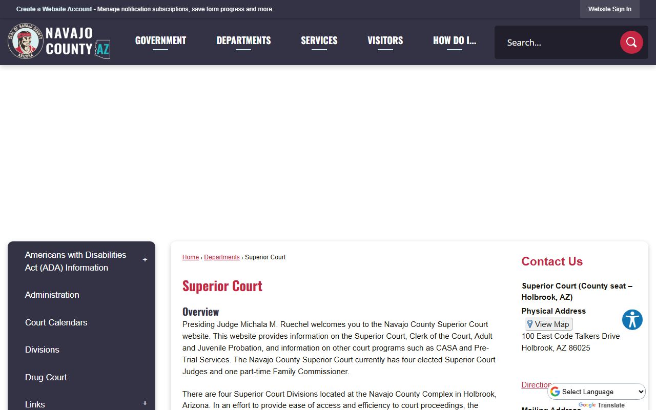 Navajo County Superior Court page with contact information and court services