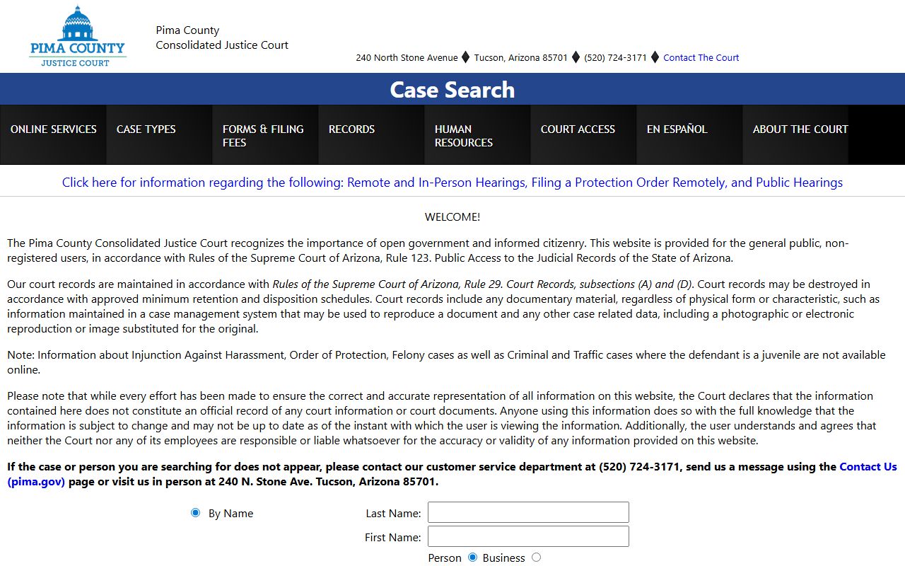 Pima County Justice Court online case search system for checking court records