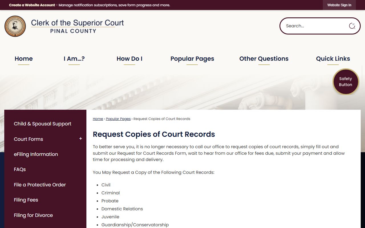 Pinal County Superior Court records request page showing procedures and fees