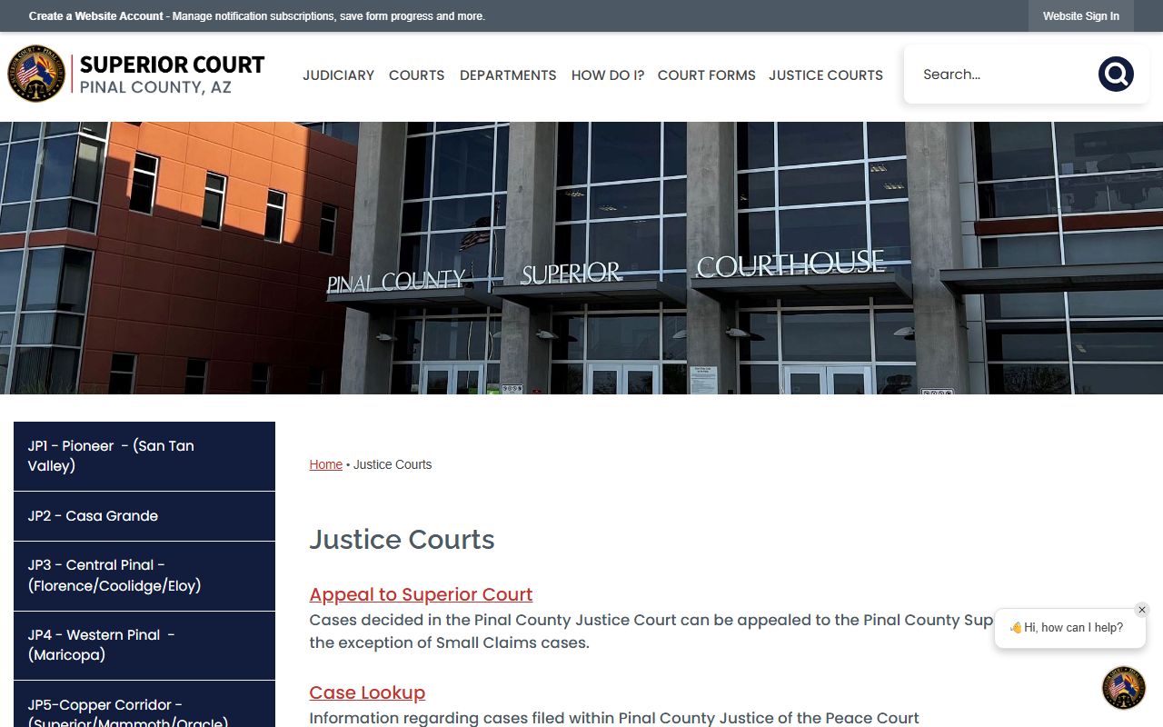 Pinal County Justice Courts overview page showing precinct locations and contact information