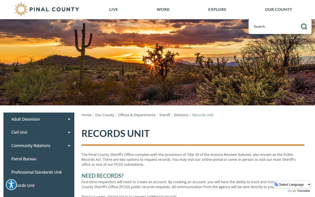 Pinal County Sheriff Records Unit page with contact information and request procedures