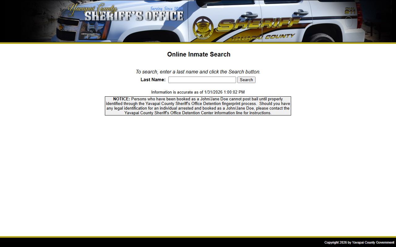 Yavapai County inmate search system showing current jail population