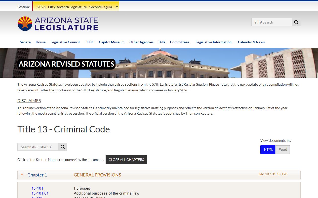 Arizona Revised Statutes criminal code section online